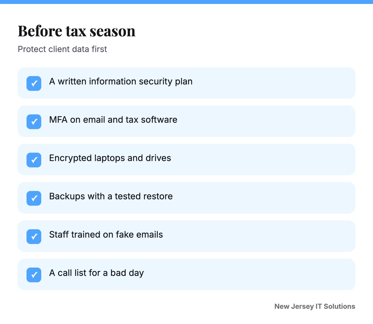 Pre-tax-season checklist for accountants: written plan, MFA, encryption, backups, training and a call list