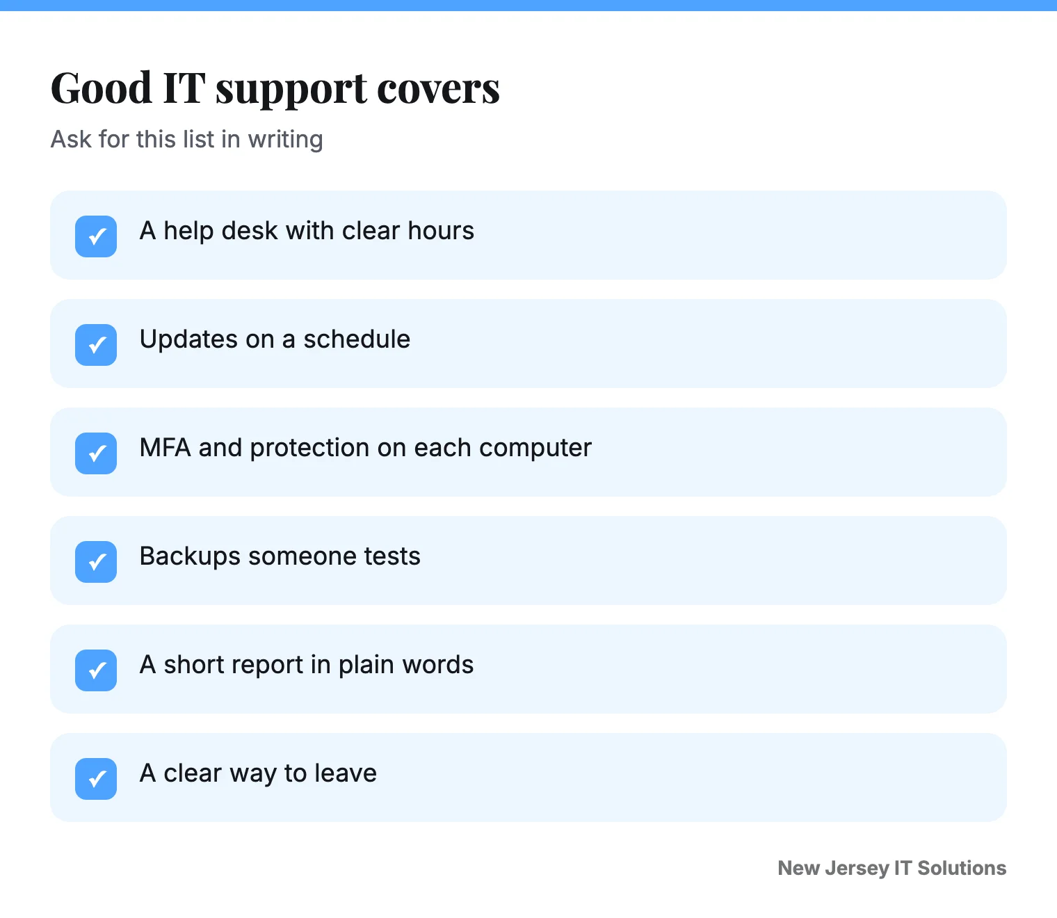 What good IT support covers: help desk, updates, security, backups and a plain report