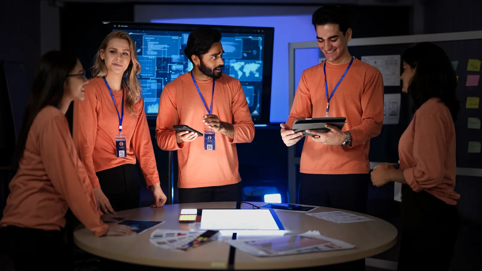 A team works in a dark office around screens and tablets